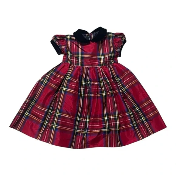Oscar de la Renta Plaid Silk Dress with Royal Blue Velvet Collar Size 18 mo Girl
